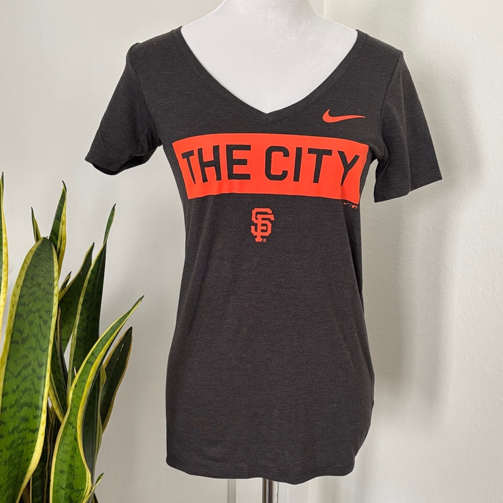 Nike Women's Charcoal and Orange V-Neck Tee Size XS